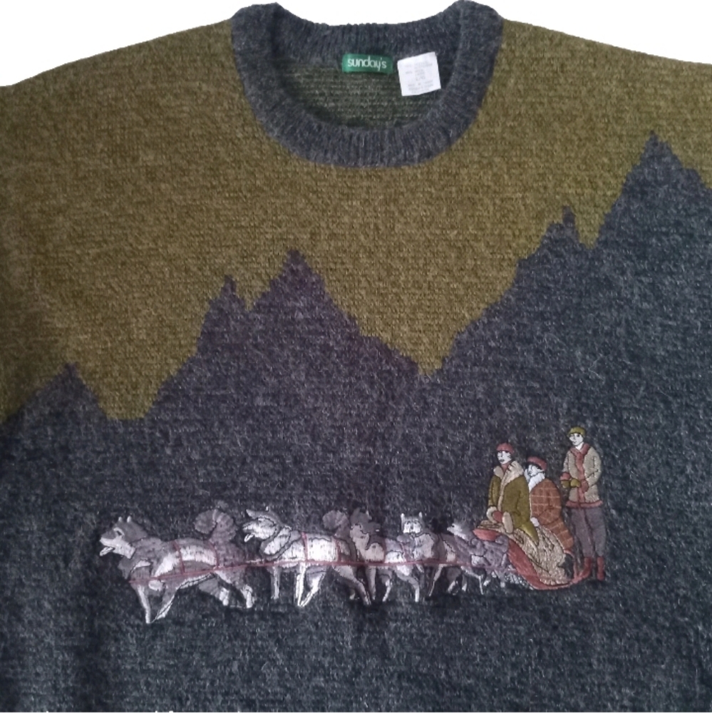 Vintage Women's Knit Sweater Nature Wilderness Outdoor Cabin Winter Sled Ride  L